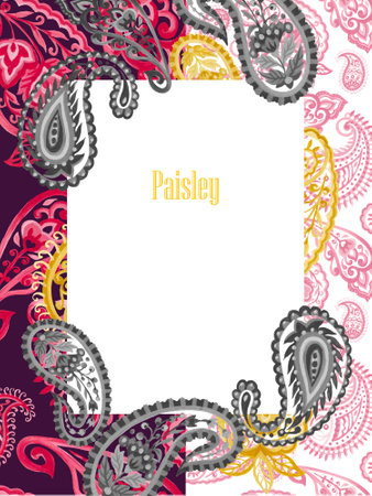 watercolor illustration paisley eastern outline flower leaves and tribal folk persian indian pink...