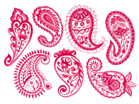 Set of paisley eastern outline flower and feather mandala folk henna tattoo pink  elements on white background hand paintingの写真素材