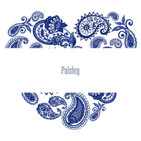 watercolor illustration paisley eastern outline flower leaves and tribal folk persian indian blue indigo invitation cardの写真素材
