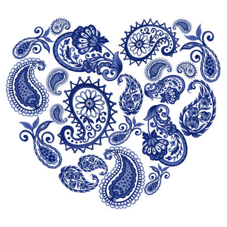 Watercolor Illustration modern outline paisley eastern mandala folk henna tattoo indigo blue elements isolated heart shape on white background hand paintの写真素材
