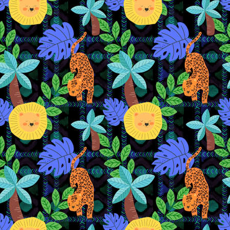 African seamless pattern  set with animals in cartoon style collection with mammals and botanical on a kid themeの写真素材