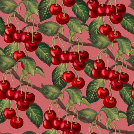 Cherry fruit sweet and sour cherry ripe Cherries with foliage leaves digital hand painting seamless pattern backgroundの写真素材