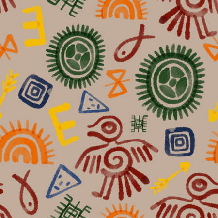 Ethnic folk indian african zigzag Horizontal stripes symbol multicolor seamless repeat pattern...