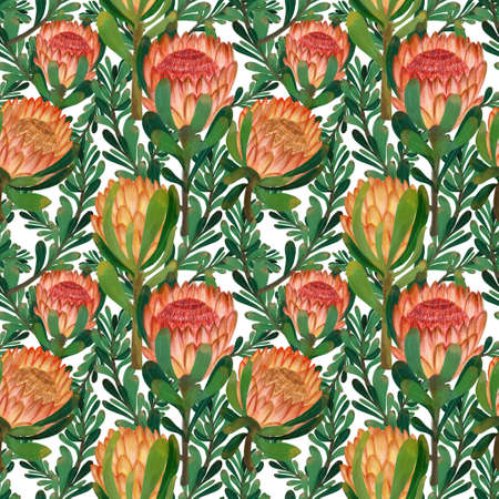 Protea flower foliage leaf botanical blooming digital drawing painting seamless pattern for fabric fashion print textile textureの写真素材