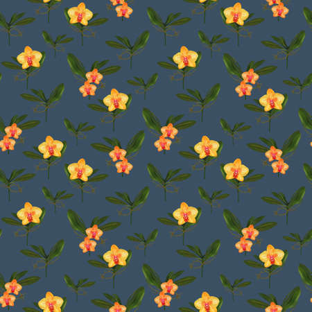 Orchid flowers, leaves, branches foliage Floral ancient seamless pattern. illustration watercolor hand paint For design textiles, paper, wallpaper, backdropの写真素材
