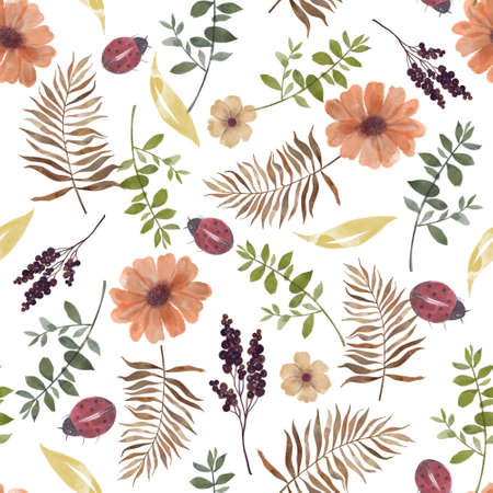 Watercolor illustration Botanical collection autumn flower and ladybug  foliage leaves bouquet Set...