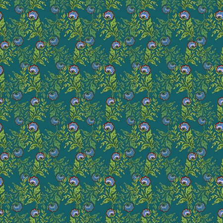 Seamless pattern with blue flowers blossom foliage and leaves tribal traditional style for fabric...