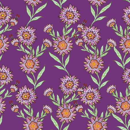 Seamless pattern with violet flowers blossom foliage and leaves tribal traditional style for fabric print fashion watercolor hand paintの写真素材