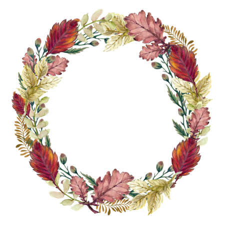 Watercolor gouache Autumn Fall branches flower with leaves hand drawn illustration wreath circle Design for invitations greeting cards, backdrop, wreath ,border, frameの写真素材