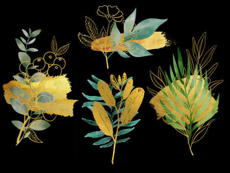 Template gold element ornamental arrangement watercolor botanical plant tree foliage nature cozy and modern styleの写真素材