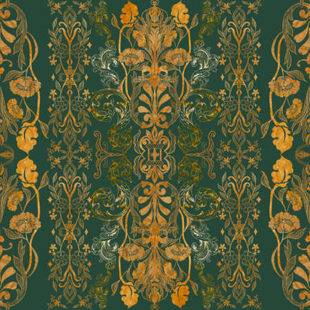 Seamless pattern ornate gold leaves plant botanic swirl rococo revival victorian style textile...
