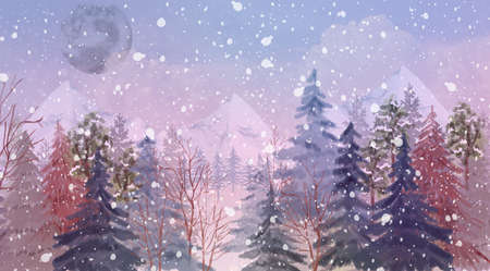 Winter watercolor landscape Set of spruce, pine trees, trees, dry wood background landscape  Illustration Watercolor digital clip artの写真素材