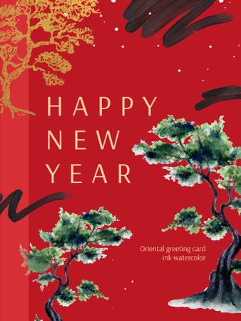 Vintage ink watercolor and golden ancient vintage plant Traditional chinese forest tree garden template greeting on red backgroundの写真素材