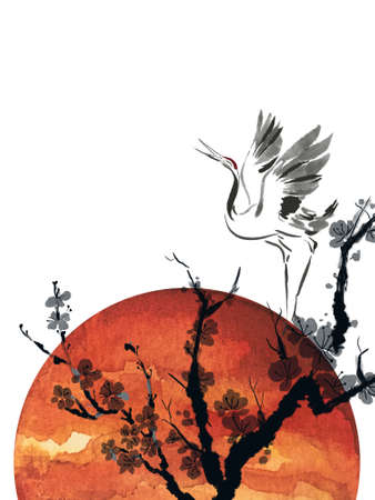 Hand painting background pattern greeting inspired by china Korea and Japan splash brush ink oriental retro vintage watercolor illustrationの写真素材