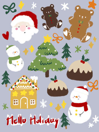 Merry Christmas and Happy New Year trendy abstract illustrations of holiday card with forest, santa claus, bear, gingerbread house, lettering, christmas tree pine template greeting cardの写真素材