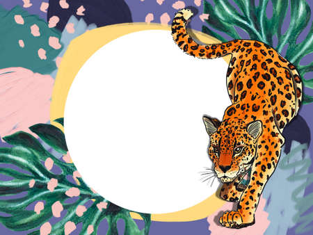 Greeting invitation card template realistic leopard in the tropical leaf exotic jungle monsteras on the trendy modern for print poster, postcardの写真素材