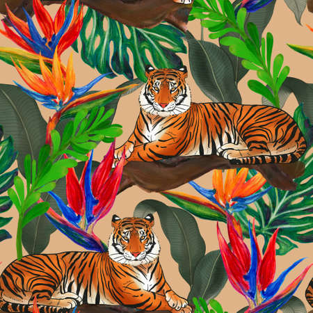 Watercolor tropical seamless pattern. Bird of paradise monstera leaves foliage and wild animals...