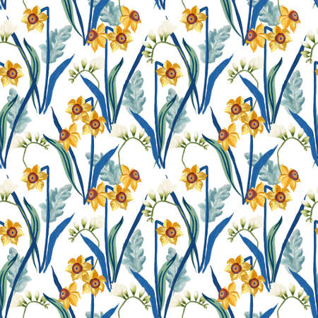 Hand-painted watercolor daffodils freesia and leaf repeat seamless patternの写真素材