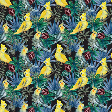 Seamless tropical exotic pattern background with sugar palm leaves, wild leaves, rubber plant , marantaceae,cockatiel bird, rainforest botanical illustrationの写真素材