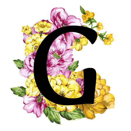 Floral ornate letters flowers pink, yellow vintage font and flower ornaments alphabet. Royal ornate...