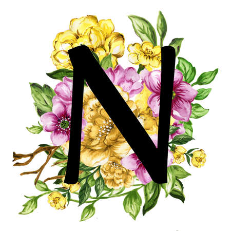 Floral ornate letters flowers pink, yellow vintage font and flower ornaments alphabet. Royal ornate abc, flourishes decor elegant letter or antique alphabet illustration setの写真素材
