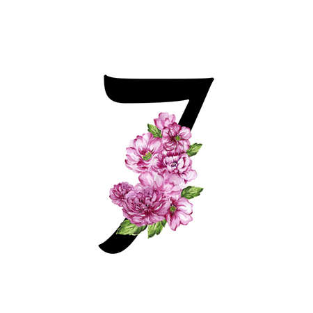 set of watercolor numbers in botanical vintage blooming style  Flowers and leaves of various rose ,...