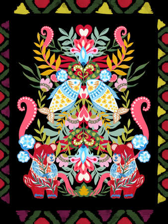 Various bear and fish with flower leaf different folk ornaments colorful scandinavian style Hand...