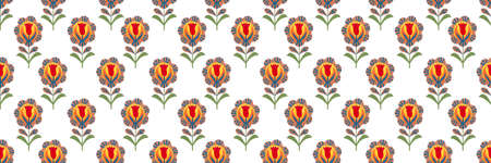 Tulip and sunflower repeat seamless pattern bouquet blossom illustration on white background for gift, wrapping, wallpaper on white backgroundの写真素材