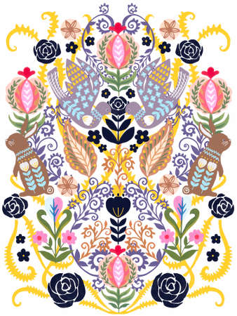 Scandinavian folk art ornament rabbit bird with black rose, tulip flowers symbol blooming foliage leaves and yellow thorn on white background for print paper canva, decorated interior, postcardの写真素材
