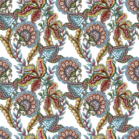 Seamless pattern with stylized ornamental flowers botanical in retro, vintage style. Jacobean embroidery oriental indian asian for print wrapping, fabric fashion, interiorの写真素材