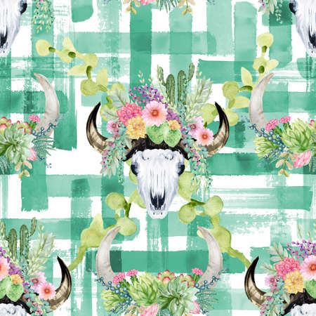 Bright Seamless pattern with plant desert cactus, succulent, skull bull,horns Boho watercolor background.Perfect for wedding,invitation,template card,wallpaper,print and boho styleの写真素材