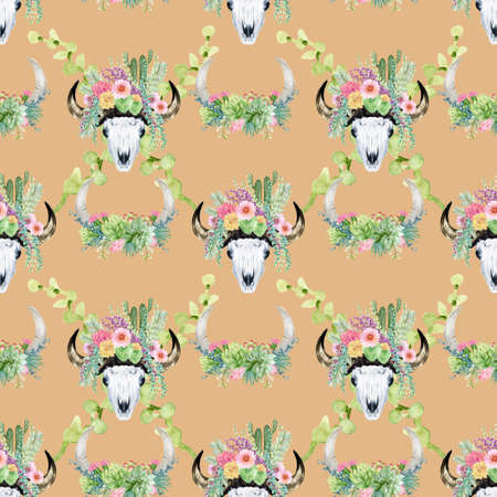 Bright Seamless pattern with plant desert cactus, succulent, skull bull,horns Boho watercolor background.Perfect for wedding,invitation,template card,wallpaper,print and boho styleの写真素材