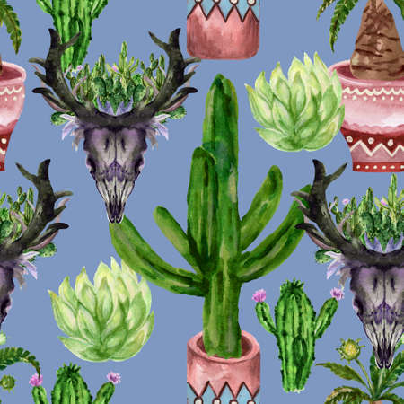 Watercolor Seamless pattern with plant cactus succulent branches, skull deer, horns Boho illustration background. Perfect for wedding,invitation,template card,wallpaper,printの写真素材