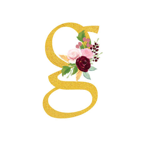 Botanical ornate small letters flowers gold color and botanical boho font and flower ornaments alphabet. Royal ornate abc, flourishes decor elegant letter or antique alphabet illustration setの写真素材