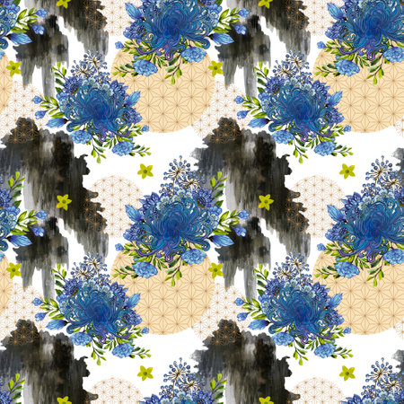Japanese chrysanthemum blue color and Wild Blossom with Rock Seamless Pattern stock illustration for fashion fabric , decor interiorの写真素材