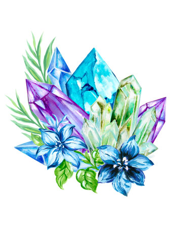 Watercolor hand drawn illustration gemstone crystals precious semiprecious minerals with flowers and leaves. Occult witchcraft concept. Boho style wedding.の写真素材