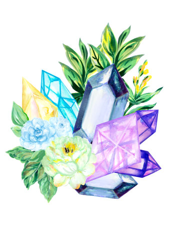 Watercolor hand drawn illustration gemstone crystals precious semiprecious minerals with flowers and leaves. Occult witchcraft concept. Boho style wedding.の写真素材