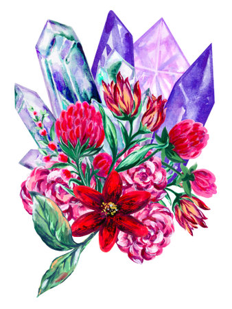 Watercolor hand drawn illustration gemstone crystals precious semiprecious minerals with flowers and leaves. Occult witchcraft concept. Boho style wedding.の写真素材