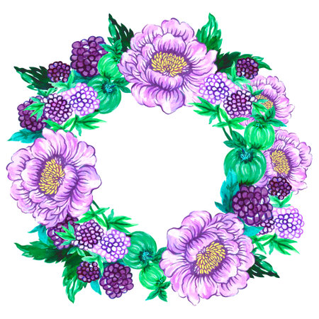 Watercolor Illustration wreath bouquet peonies purple and berry Blossom green leaves foliage asain style for invitation card backdrop background on whiteの写真素材