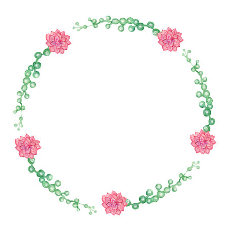 Floral wreath set, succulents cactus collection with isolated pink leaves and hand drawn watercolor floral design for invitation, wedding or greeting card.の写真素材