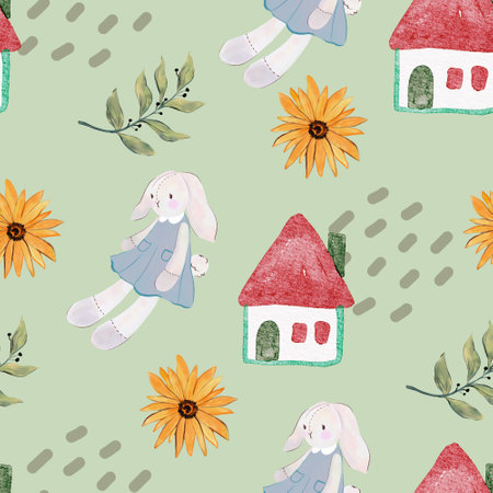 Cute bunny rabbit and duck i flowers blooming seamless pattern in cartoon style seamless repeat can be used for wallpaper, fashion,interiorの写真素材