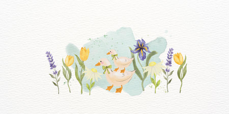 Happy Easter watercolor cards border banner cute rabbit, eggs, duck spring flowers botanical kawaii style for print paper, template, backgroundの写真素材