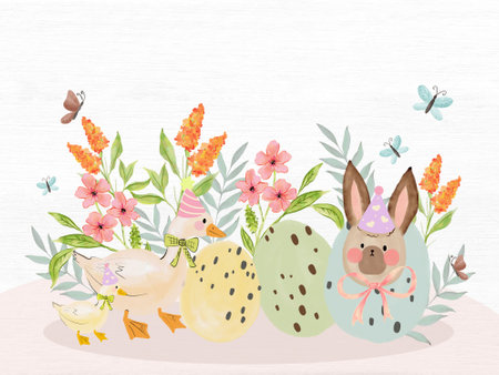 Happy Easter holiday template. Cute Duck, ears rabbit and egg harvest garden Concept of spring egg hunt for product, print paperの写真素材