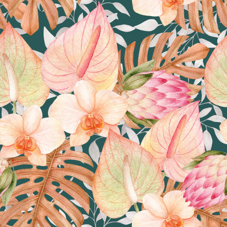 Watercolor tropical clipart with leaves, anthurium orchid and protea flower, dry flora, pampas grass, cotton. Hand painted watercolor Exotic jungle set . Botanical hand drawn illustrationの写真素材