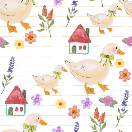 Cute bunny rabbit and duck flowers blooming seamless pattern in cartoon style seamless repeat can be used for wallpaper, fashion,interiorの写真素材