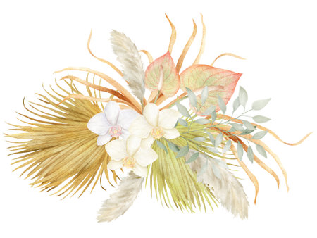 Bouquet border banner Frame Label Flower Dried plants botanical nature exotic style for Invitation greeting, Decorated interior, Fashion fabricの写真素材