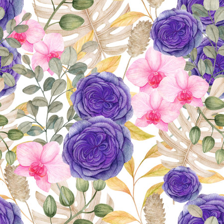 Watercolor tropical clipart with leaves, English Rose andPibk Orchid flower, dry flora, pampas...