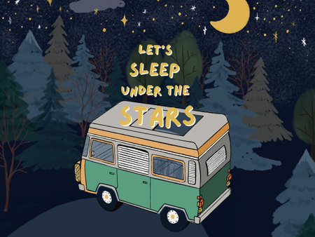 Poster postcard caravan camping group car in forest hiking garden journey travel for print paper, packaging product, greetingの写真素材