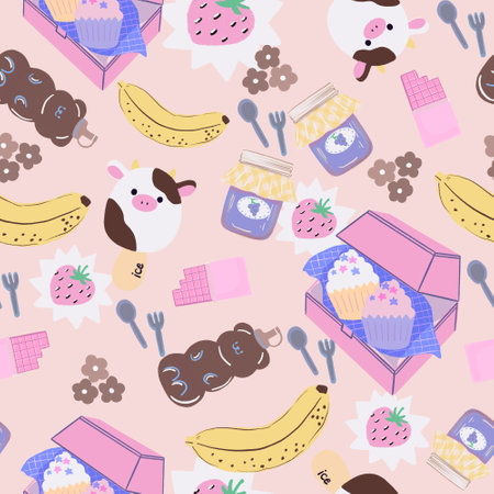 Seamless pattern ingredients background cupcake bakery dessert chocolate yummy tasty for print fashion fabric,  wrappingの写真素材