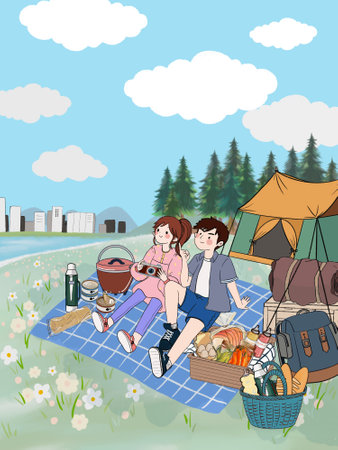 Summer spring camping outdoors, family picnic party on grass tent, garden park activity weekend digital clipart illustrationの写真素材